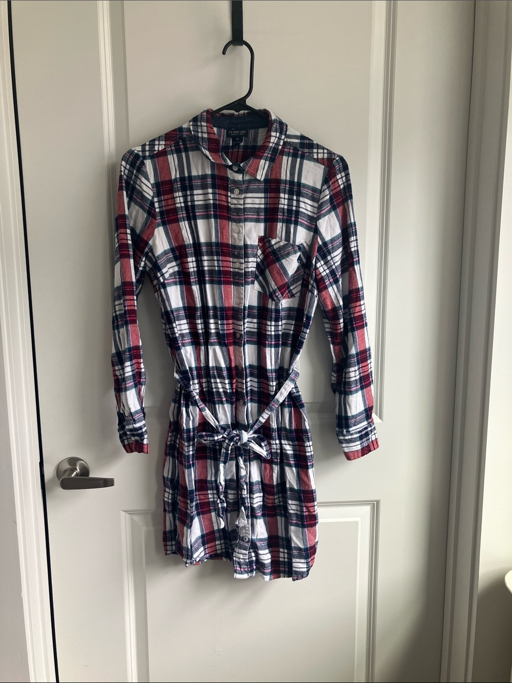 U.S. Polo Assn. Red, Navy & White Plaid Tie-Waist Long Sleeve Shirt Dress